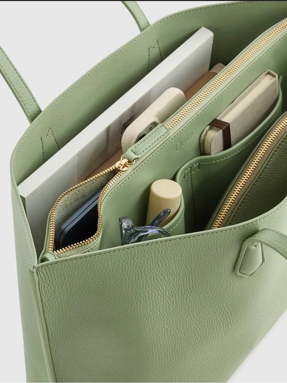 Quince Italian Leather Triple Compartment Tote – Green | Structured Minimalist - Picture 8 of 8